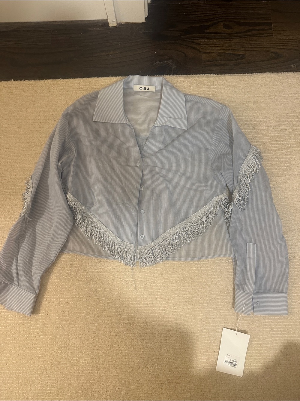 CEJ Blue Pinstripe Fringe Cropped Button-Up Shirt